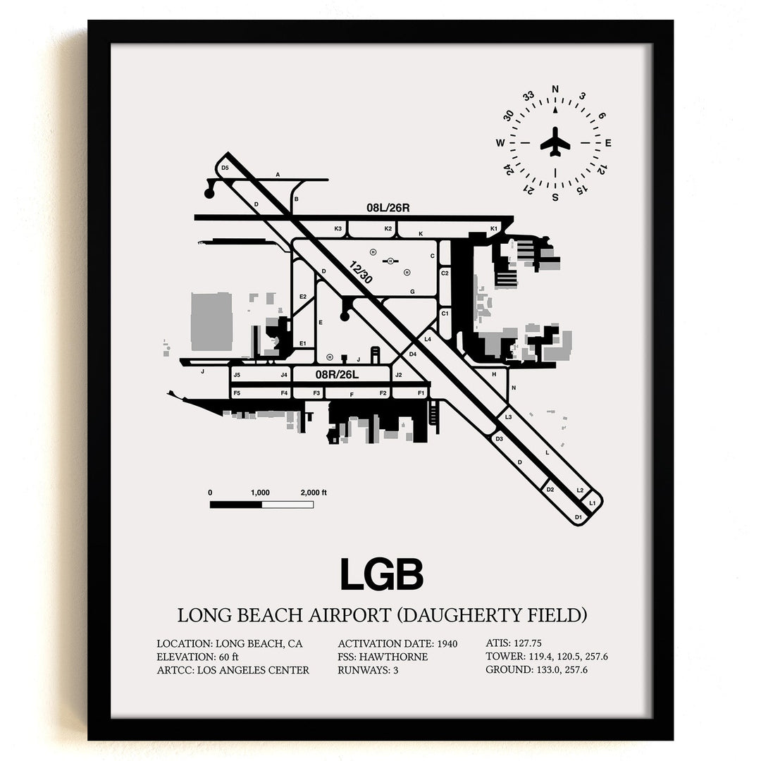 Framed Detailed Airport Map of Long Beach Airport (Daugherty Field) (LGB) in White with a Black Frame