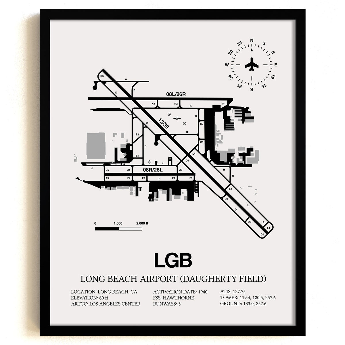 Framed Detailed Airport Map of Long Beach Airport (Daugherty Field) (LGB) in White with a Black Frame