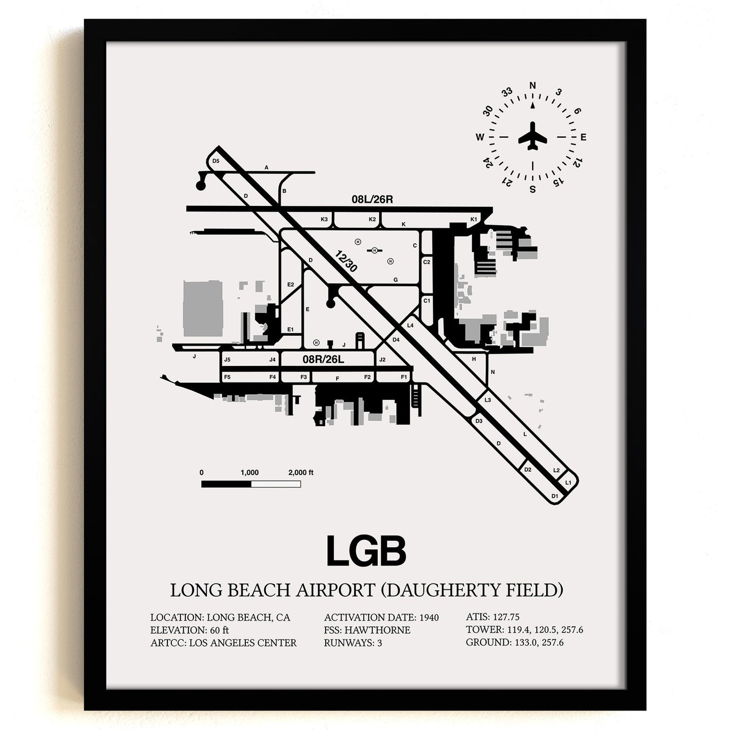Framed Detailed Airport Map of Long Beach Airport (Daugherty Field) (LGB) in White with a Black Frame