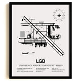 Framed Detailed Airport Map of Long Beach Airport (Daugherty Field) (LGB) in White with a Black Frame