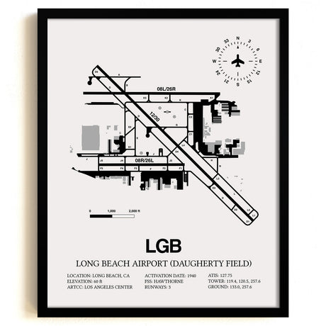 Framed Detailed Airport Map of Long Beach Airport (Daugherty Field) (LGB) in White with a Black Frame