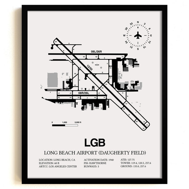 Framed Detailed Airport Map of Long Beach Airport (Daugherty Field) (LGB) in White with a Black Frame