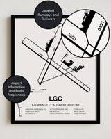 Framed Detailed Airport Map of LaGrange - Callaway Airport (LGC) in White with a Black Frame