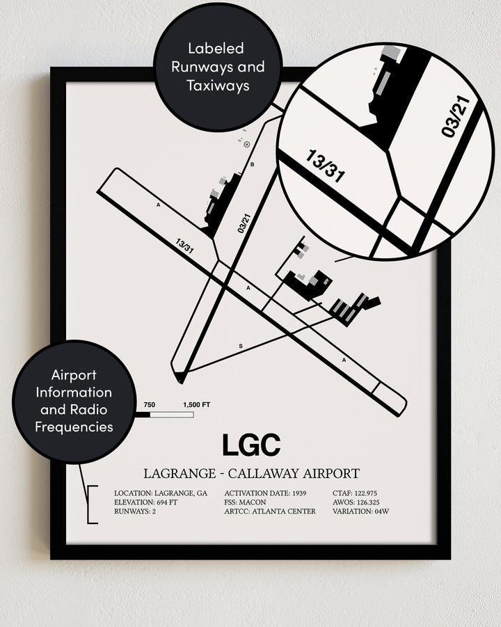 Framed Detailed Airport Map of LaGrange - Callaway Airport (LGC) in White with a Black Frame