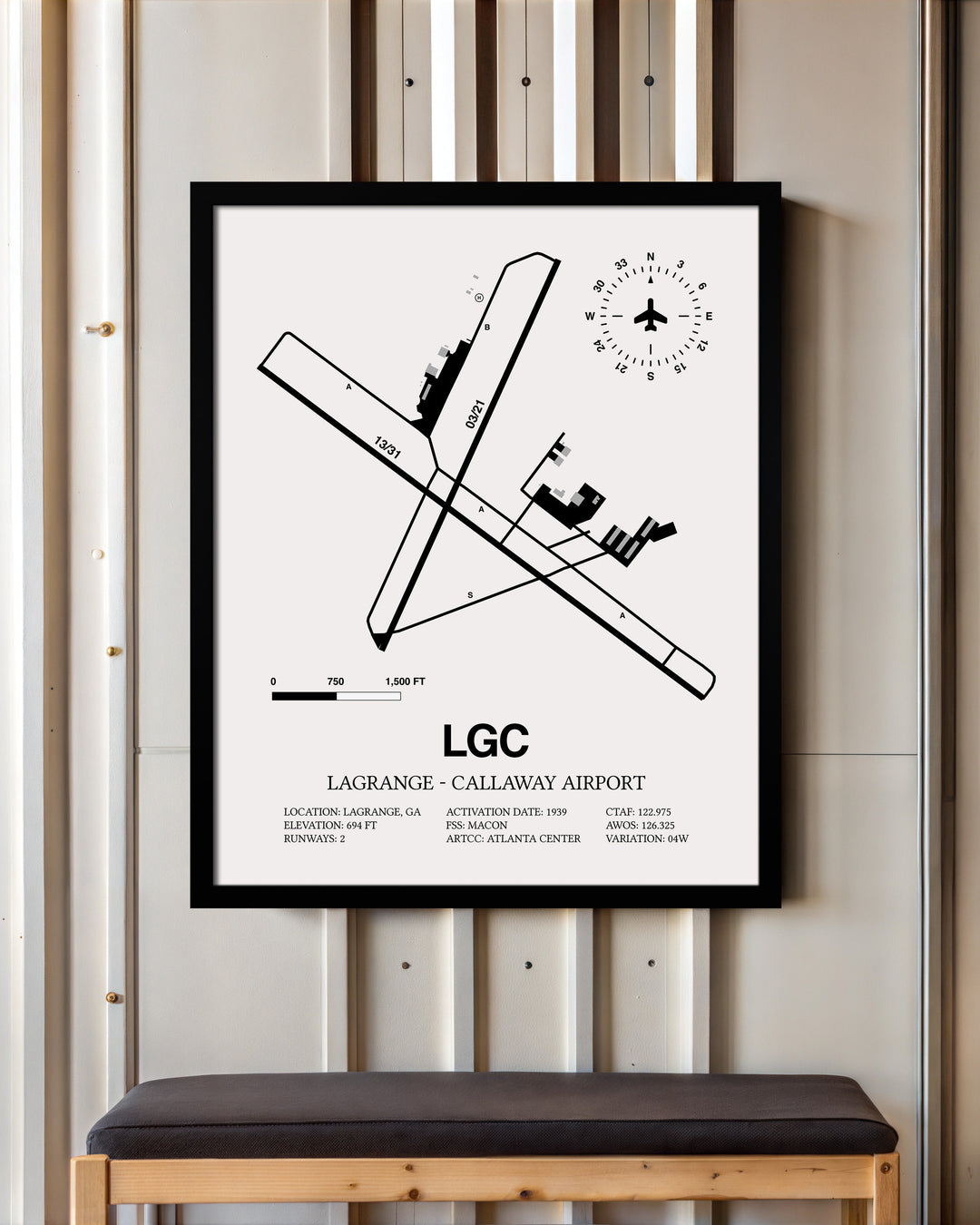 Framed Detailed Airport Map of LaGrange - Callaway Airport (LGC) in White with a Black Frame