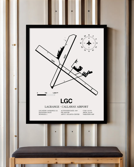 Framed Detailed Airport Map of LaGrange - Callaway Airport (LGC) in White with a Black Frame