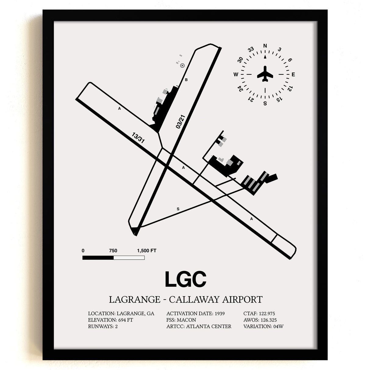 Framed Detailed Airport Map of LaGrange - Callaway Airport (LGC) in White with a Black Frame
