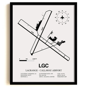 Framed Detailed Airport Map of LaGrange - Callaway Airport (LGC) in White with a Black Frame