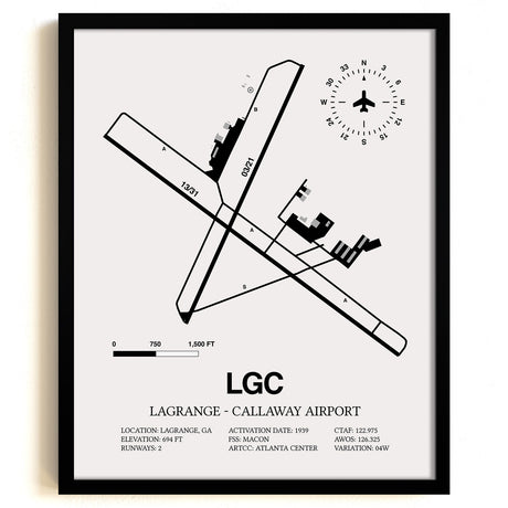 Framed Detailed Airport Map of LaGrange - Callaway Airport (LGC) in White with a Black Frame