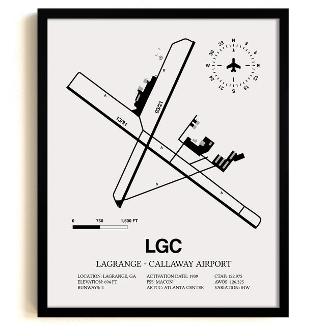 Framed Detailed Airport Map of LaGrange - Callaway Airport (LGC) in White with a Black Frame