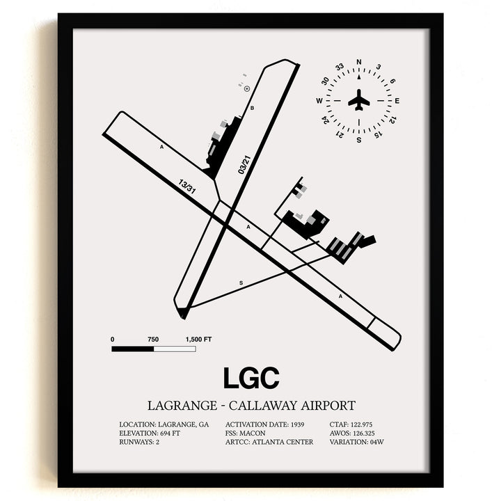 Framed Detailed Airport Map of LaGrange - Callaway Airport (LGC) in White with a Black Frame