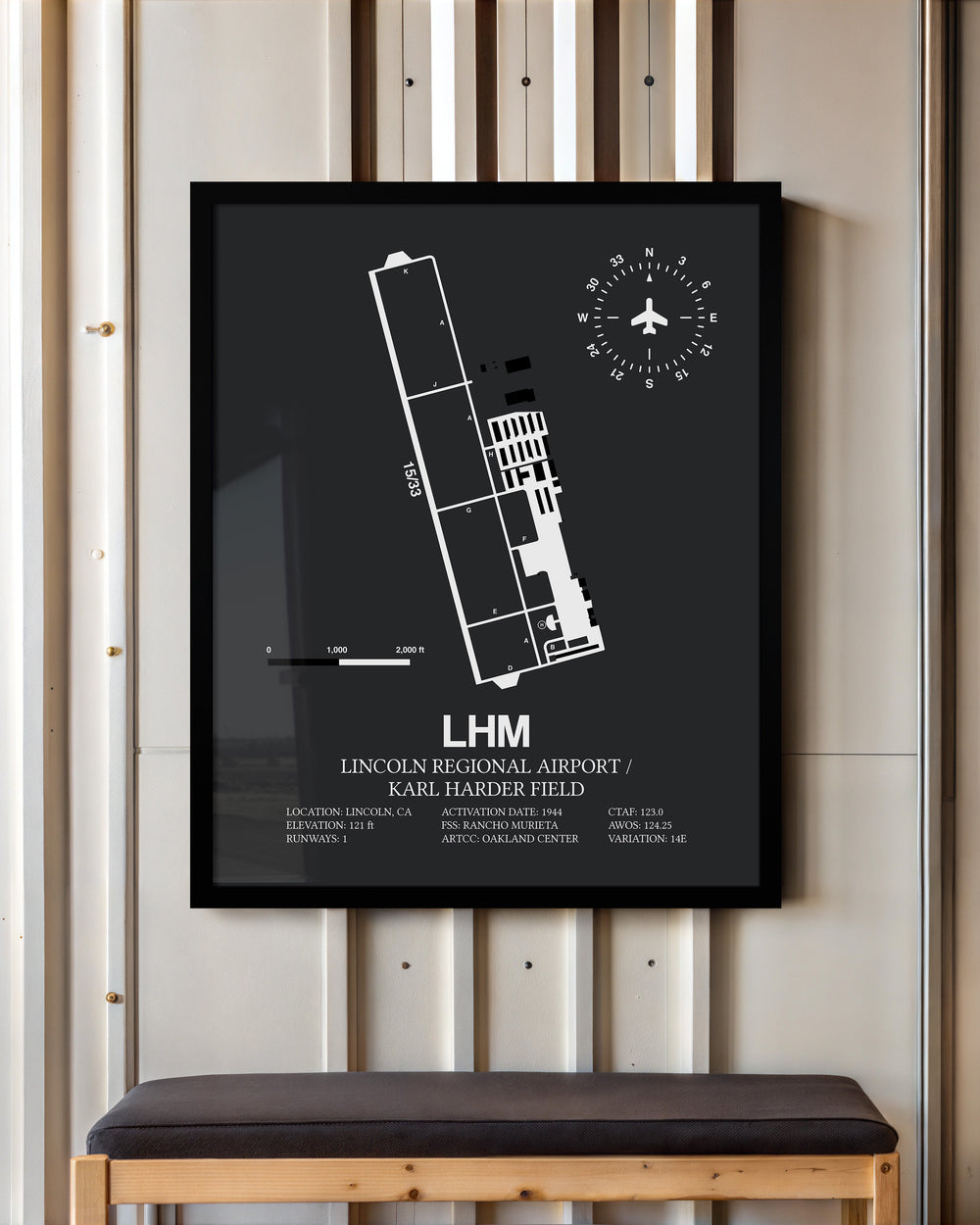 Framed Detailed Airport Map of Lincoln Regional Airport/Karl Harder Field (LHM) in Gray with a Black Frame