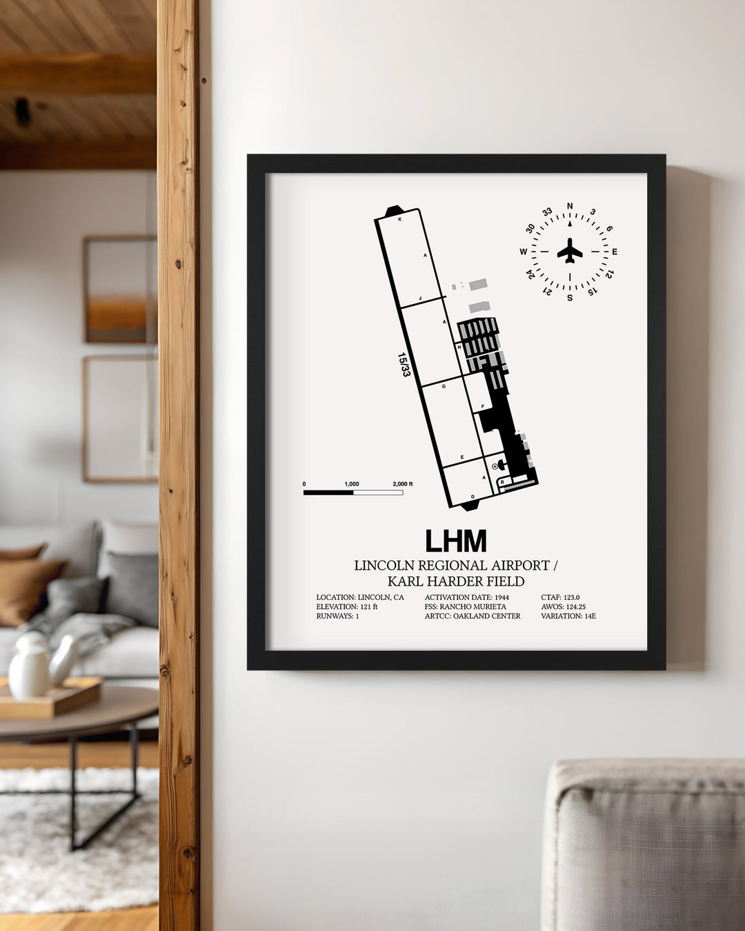 Framed Detailed Airport Map of Lincoln Regional Airport/Karl Harder Field (LHM) in White with a Black Frame