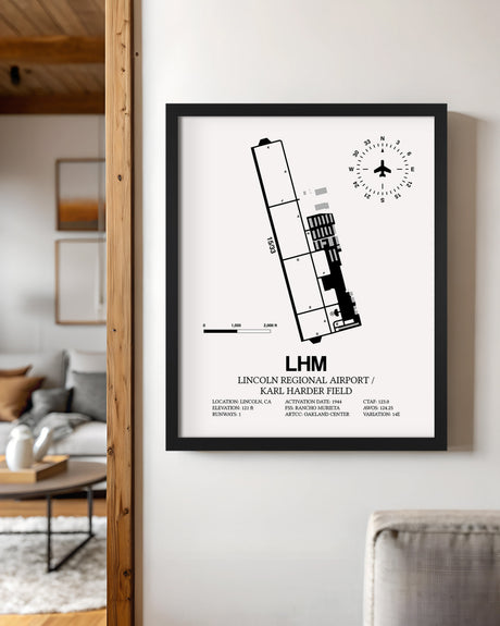 Framed Detailed Airport Map of Lincoln Regional Airport/Karl Harder Field (LHM) in White with a Black Frame