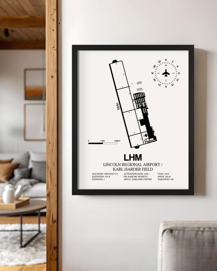 Framed Detailed Airport Map of Lincoln Regional Airport/Karl Harder Field (LHM) in White with a Black Frame