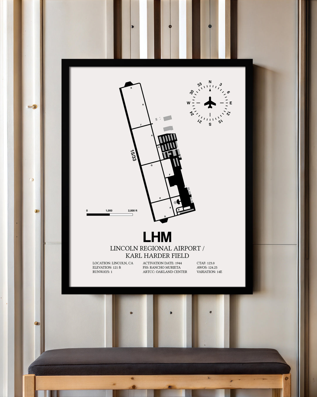 Framed Detailed Airport Map of Lincoln Regional Airport/Karl Harder Field (LHM) in White with a Black Frame