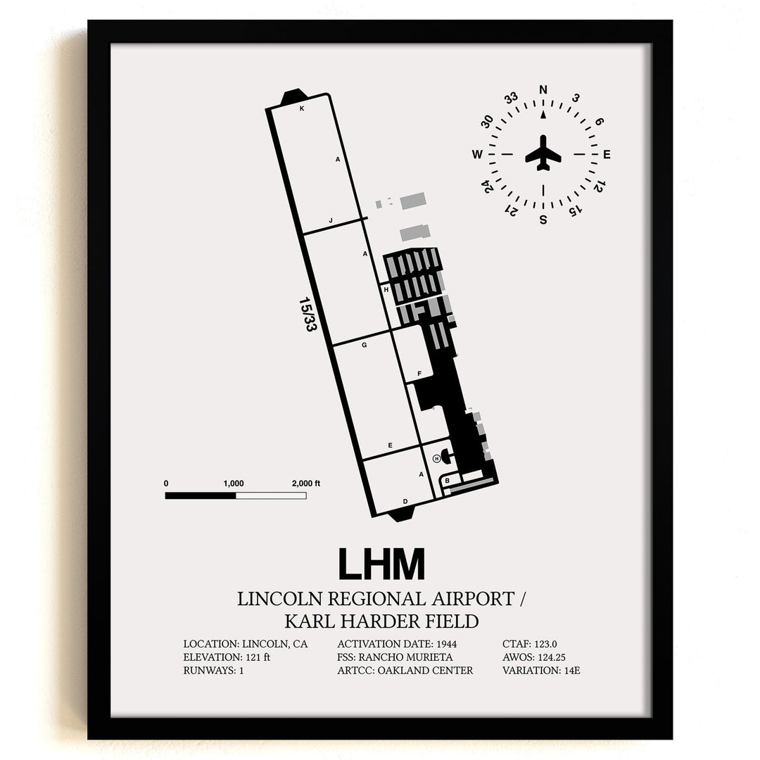 Framed Detailed Airport Map of Lincoln Regional Airport/Karl Harder Field (LHM) in White with a Black Frame