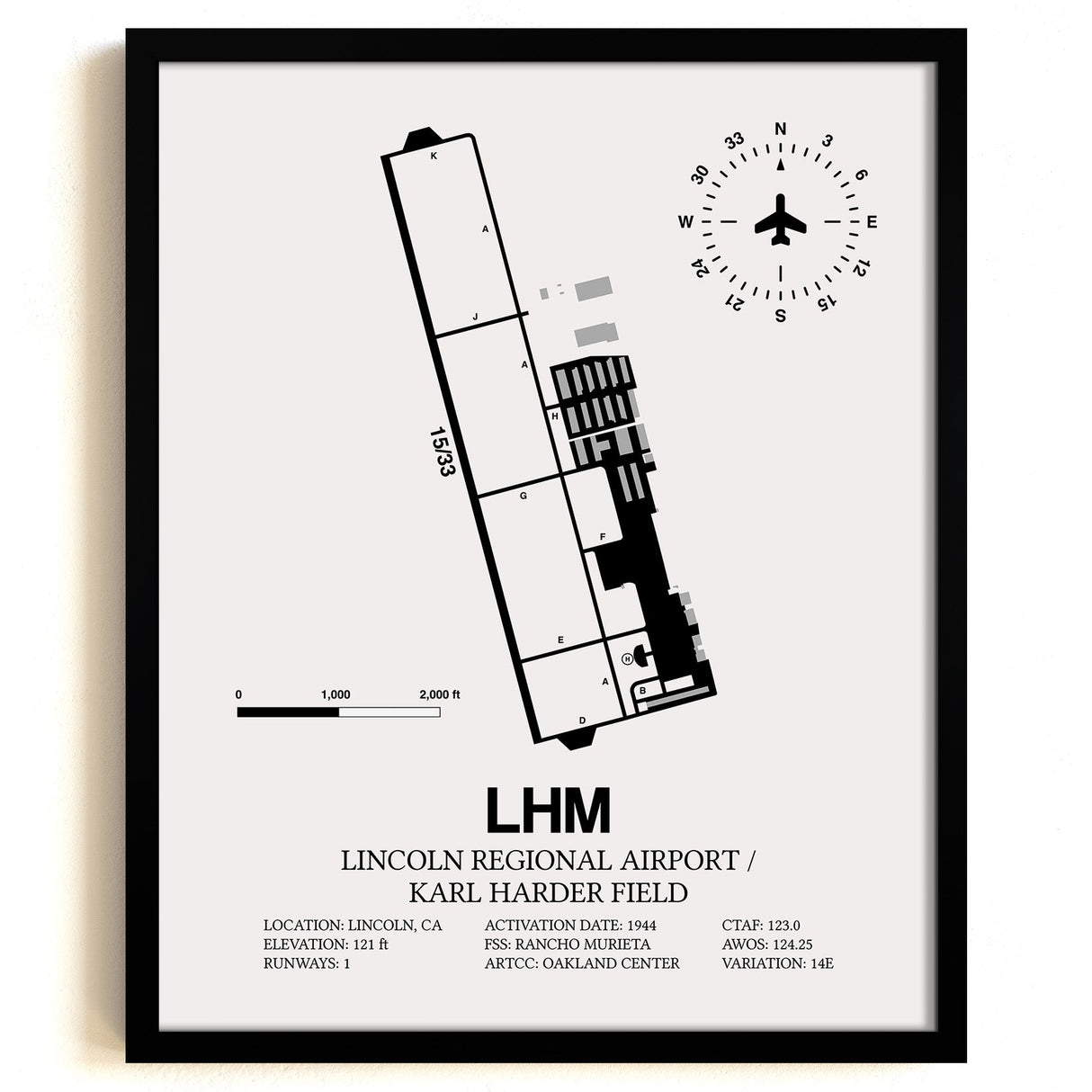 Framed Detailed Airport Map of Lincoln Regional Airport/Karl Harder Field (LHM) in White with a Black Frame