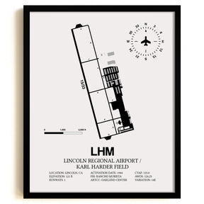 Framed Detailed Airport Map of Lincoln Regional Airport/Karl Harder Field (LHM) in White with a Black Frame