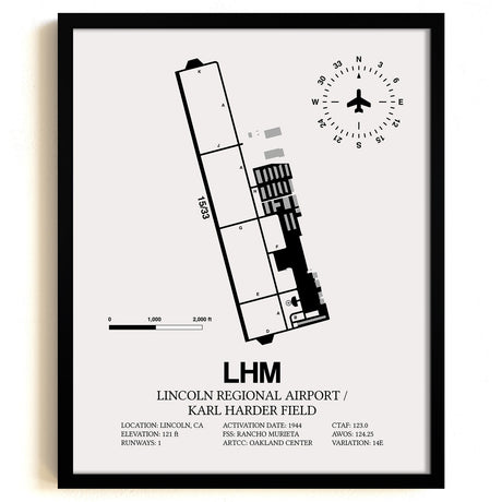 Framed Detailed Airport Map of Lincoln Regional Airport/Karl Harder Field (LHM) in White with a Black Frame