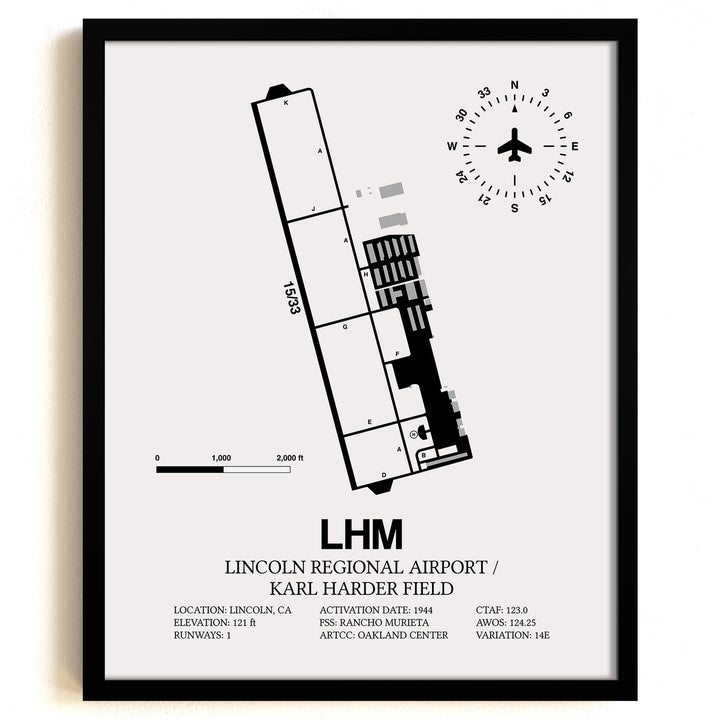 Framed Detailed Airport Map of Lincoln Regional Airport/Karl Harder Field (LHM) in White with a Black Frame