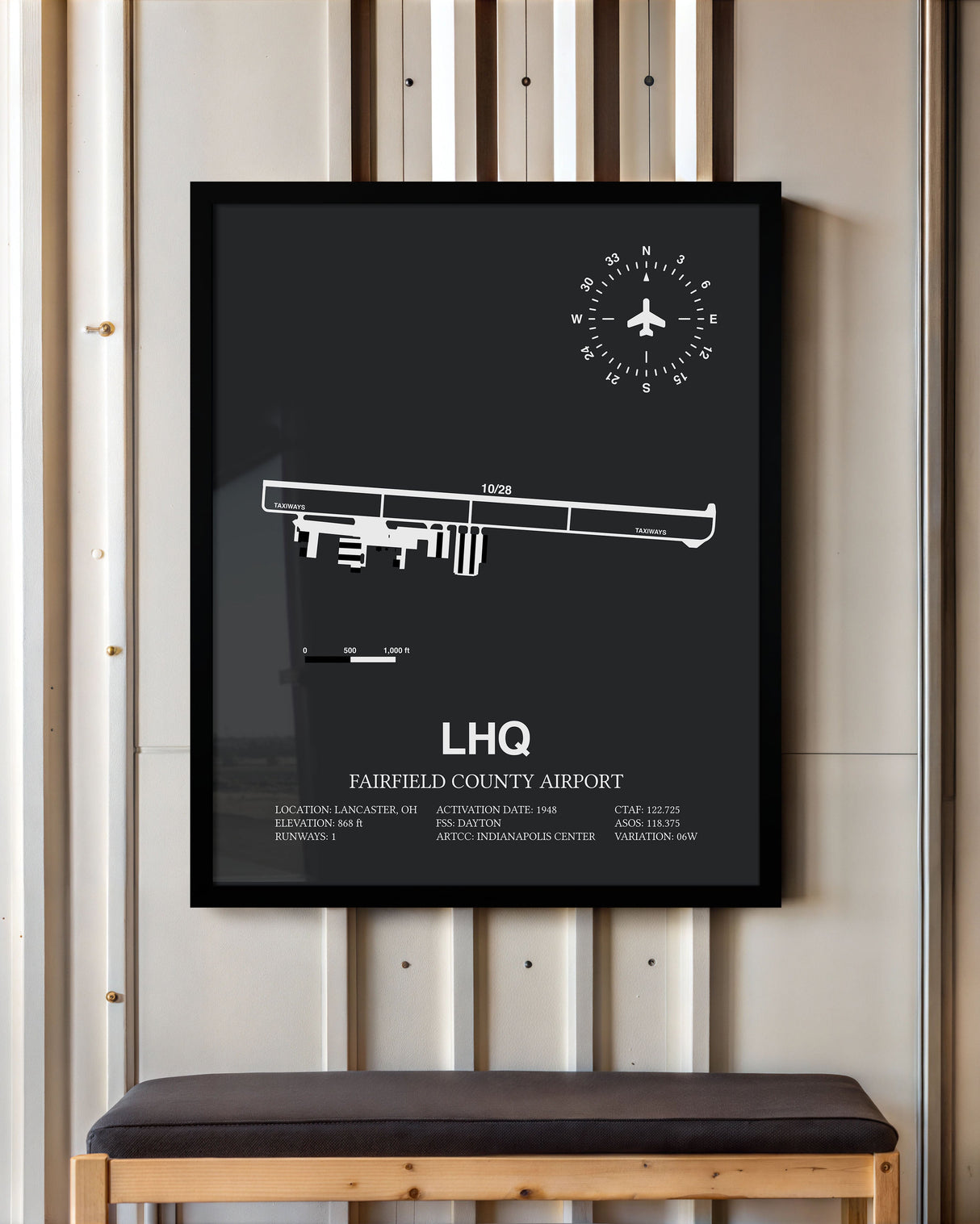 Framed Detailed Airport Map of Fairfield County Airport (LHQ) in Gray with a Black Frame