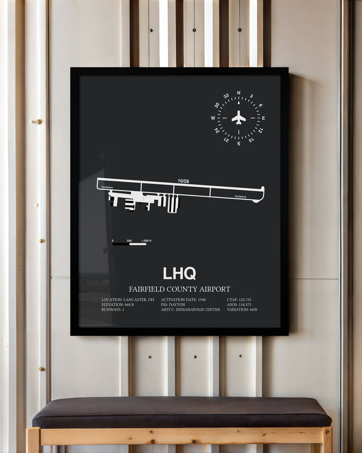 Framed Detailed Airport Map of Fairfield County Airport (LHQ) in Gray with a Black Frame
