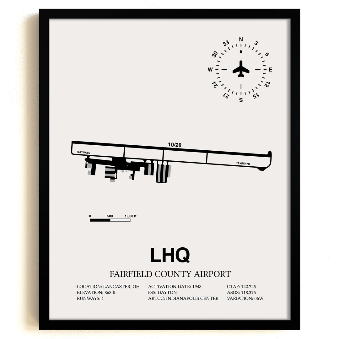 Framed Detailed Airport Map of Fairfield County Airport (LHQ) in White with a Black Frame