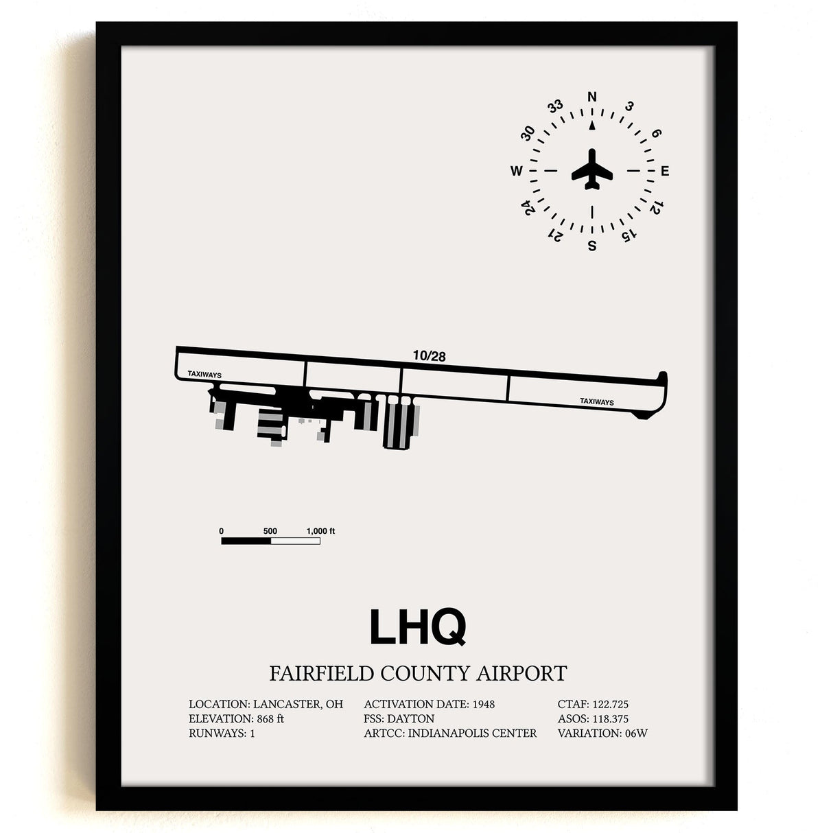 Framed Detailed Airport Map of Fairfield County Airport (LHQ) in White with a Black Frame