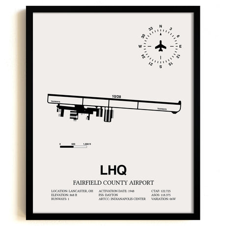 Framed Detailed Airport Map of Fairfield County Airport (LHQ) in White with a Black Frame