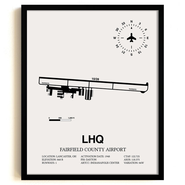 Framed Detailed Airport Map of Fairfield County Airport (LHQ) in White with a Black Frame