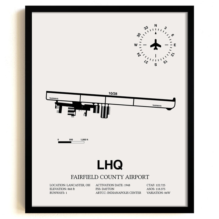 Framed Detailed Airport Map of Fairfield County Airport (LHQ) in White with a Black Frame