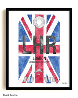 Framed Watercolor Print of London Heathrow Airport (LHR) with a Black Frame