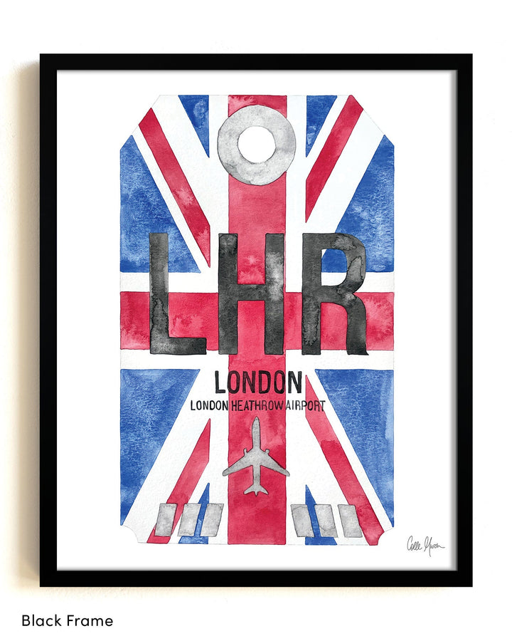 Framed Watercolor Print of London Heathrow Airport (LHR) with a Black Frame