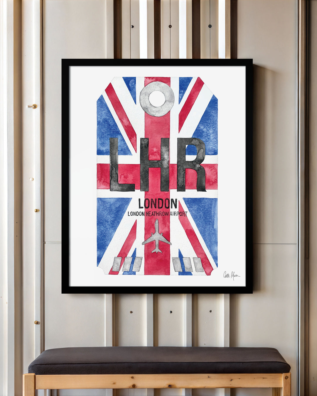 Framed Watercolor Print of London Heathrow Airport (LHR) with a Black Frame