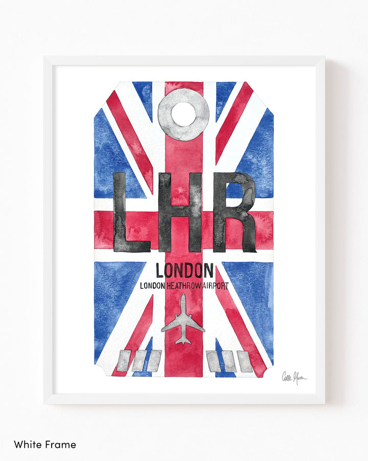 Framed Watercolor Print of London Heathrow Airport (LHR) with a White Frame