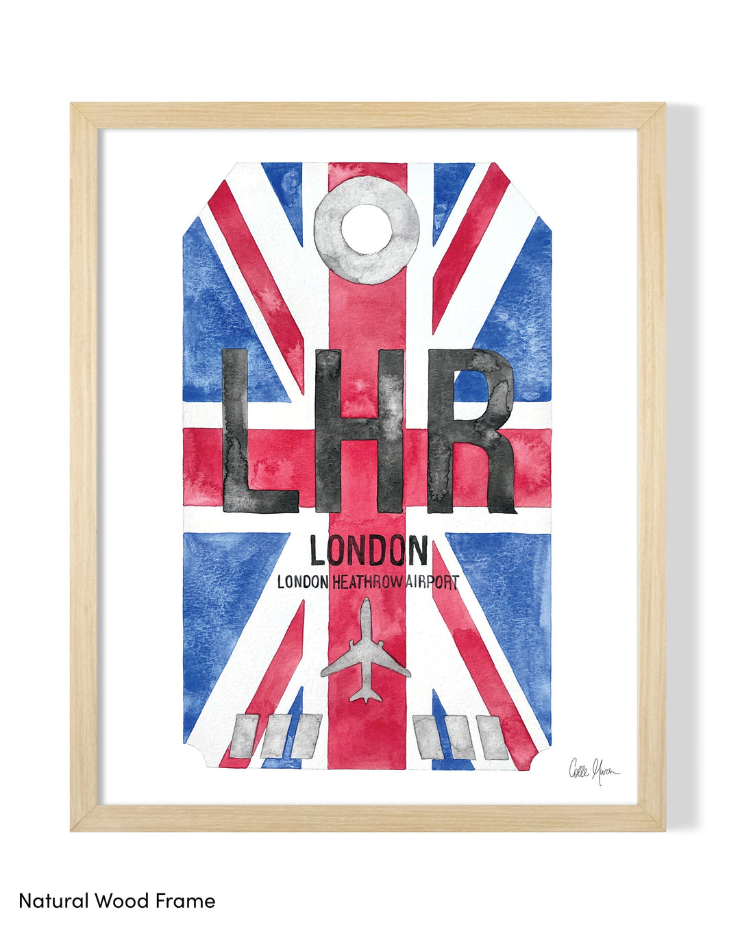 Framed Watercolor Print of London Heathrow Airport (LHR) with a Natural Wood Frame