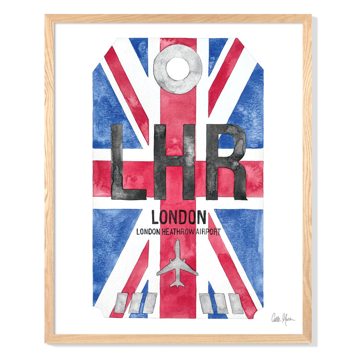 Framed Watercolor Print of London Heathrow Airport (LHR) with an Oak Frame