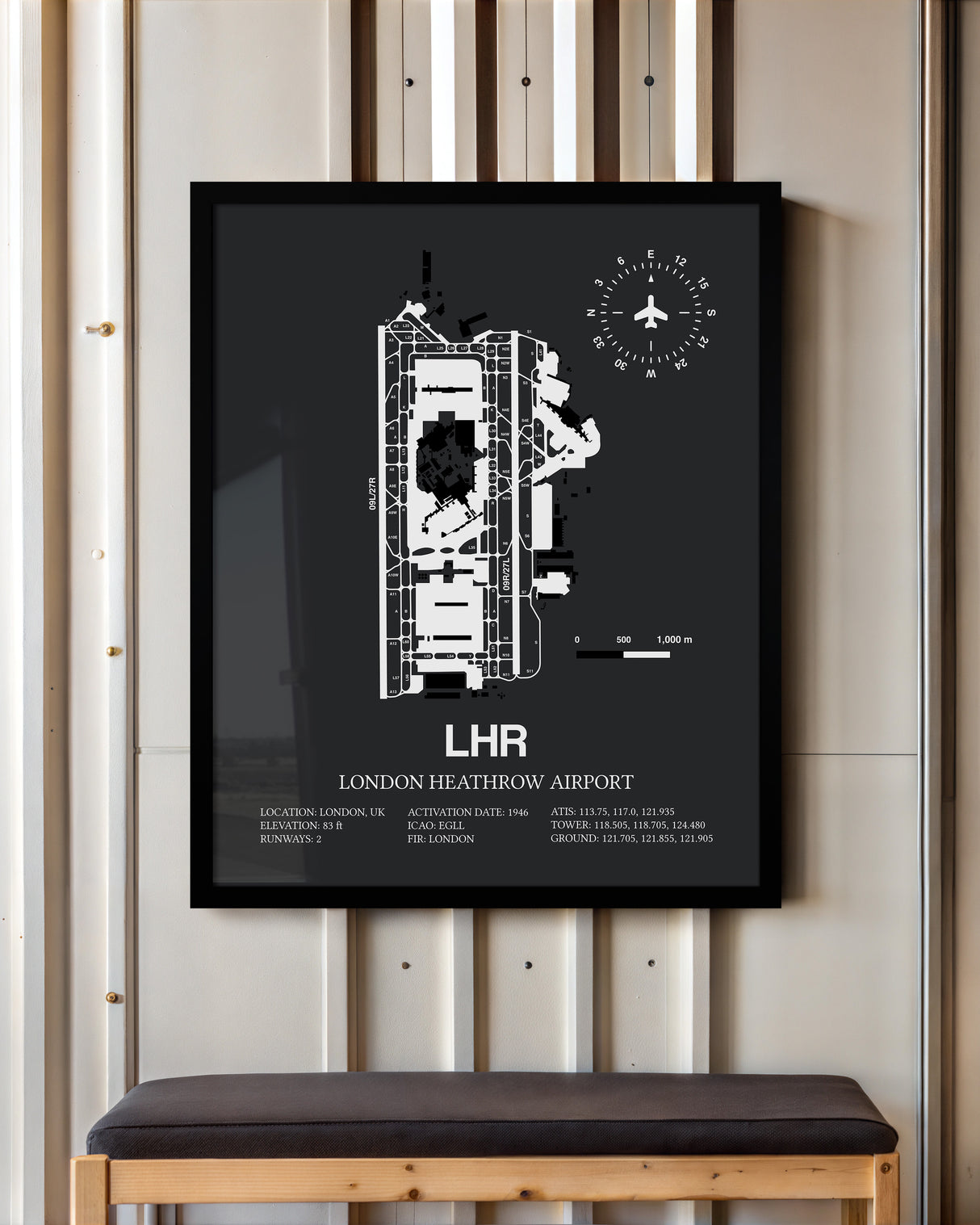 Framed Detailed Airport Map of London Heathrow Airport (LHR) in Gray with a Black Frame