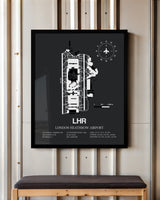 Framed Detailed Airport Map of London Heathrow Airport (LHR) in Gray with a Black Frame