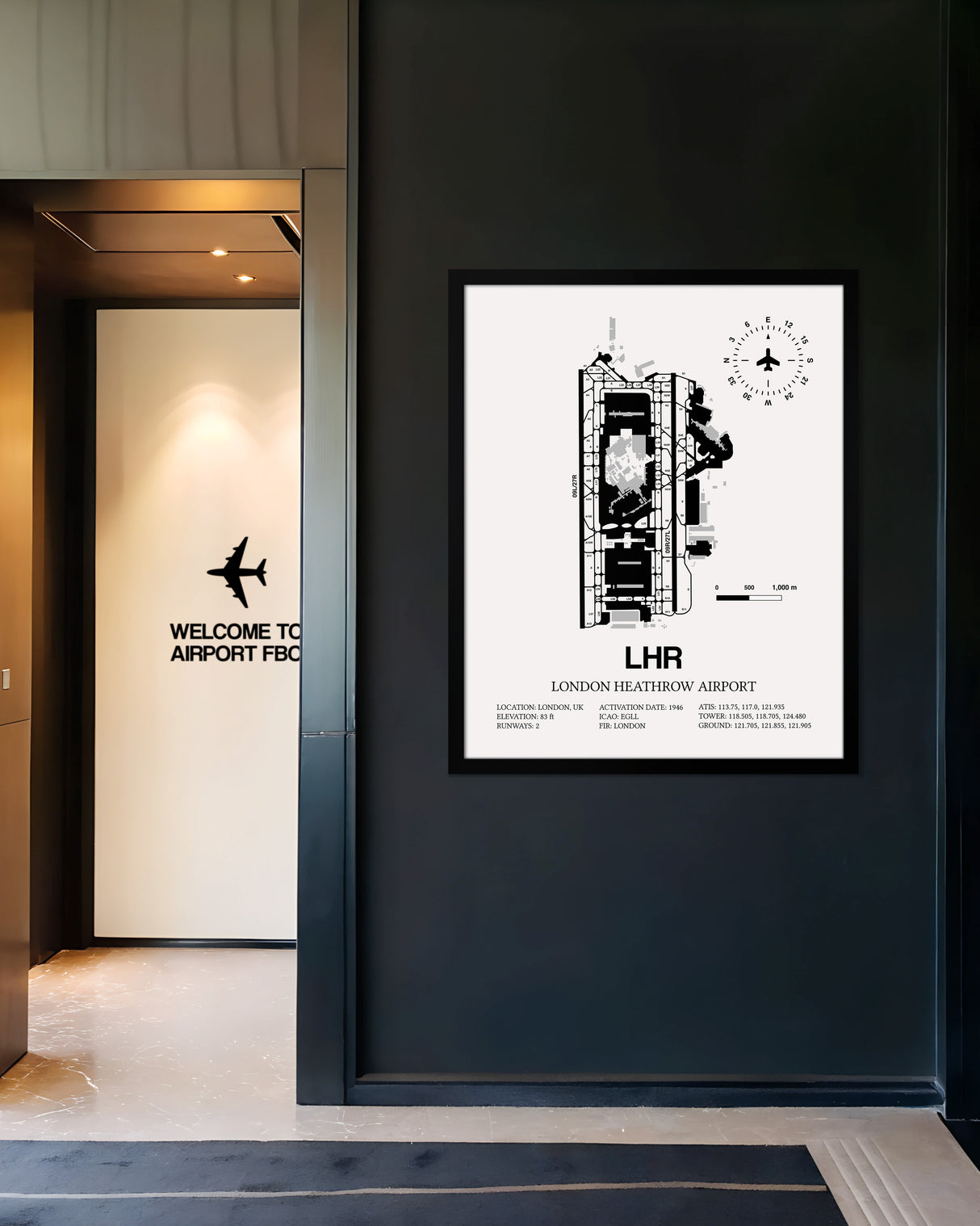Framed Detailed Airport Map of London Heathrow Airport (LHR) in White with a Black Frame