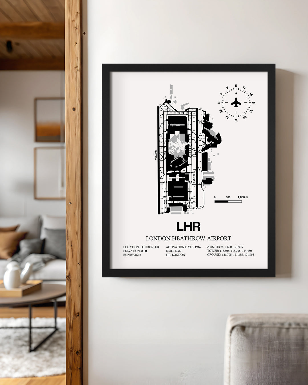 Framed Detailed Airport Map of London Heathrow Airport (LHR) in White with a Black Frame