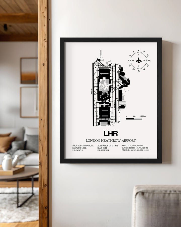 Framed Detailed Airport Map of London Heathrow Airport (LHR) in White with a Black Frame
