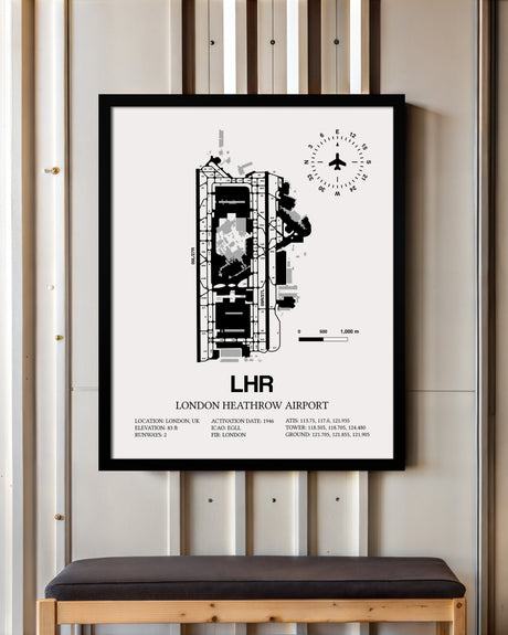 Framed Detailed Airport Map of London Heathrow Airport (LHR) in White with a Black Frame
