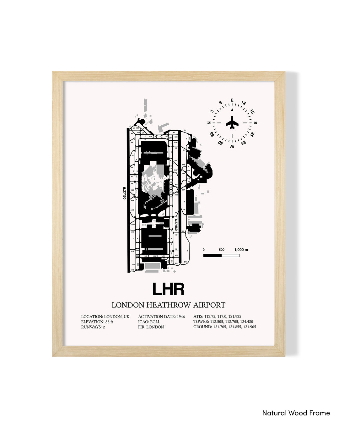 Detailed Airport Map of London Heathrow Airport (LHR) in White with a Natural Frame