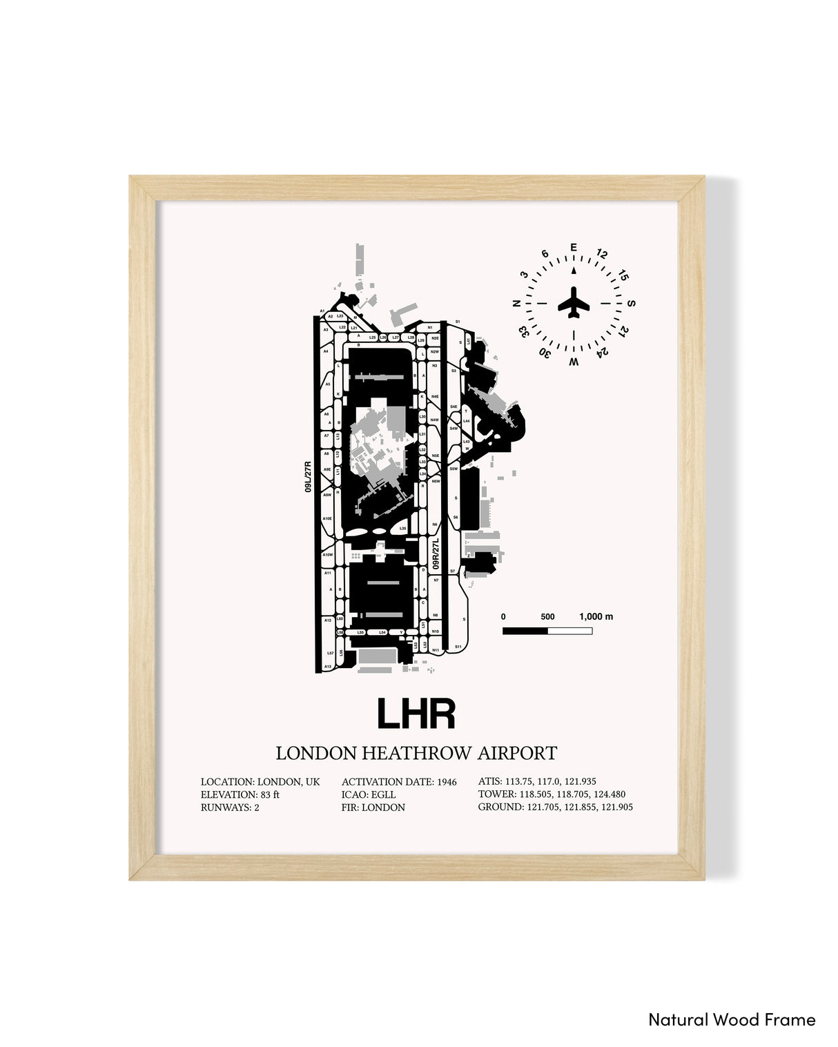 Detailed Airport Map of London Heathrow Airport (LHR) in White with a Natural Frame