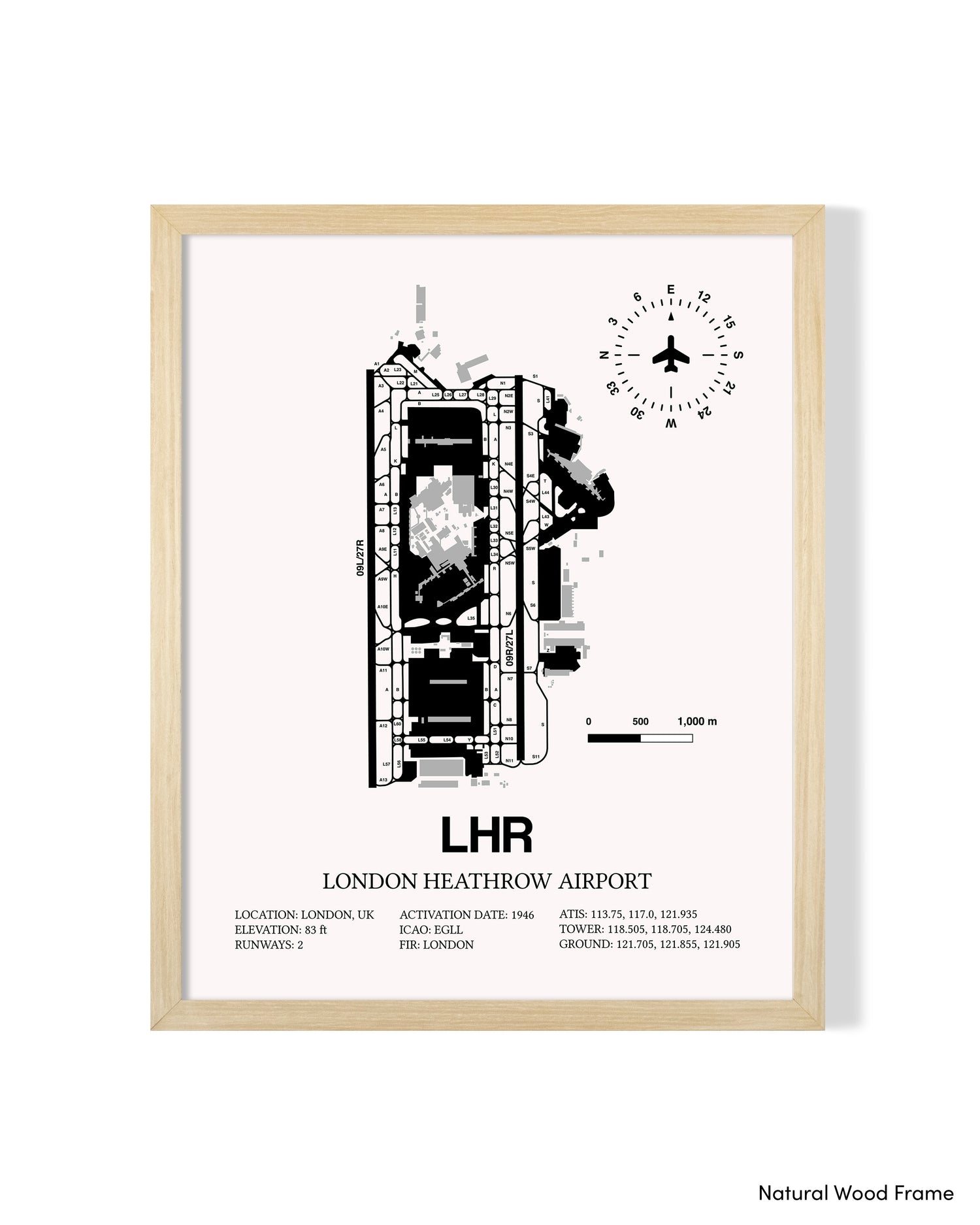 Detailed Airport Map of London Heathrow Airport (LHR) in White with a Natural Frame