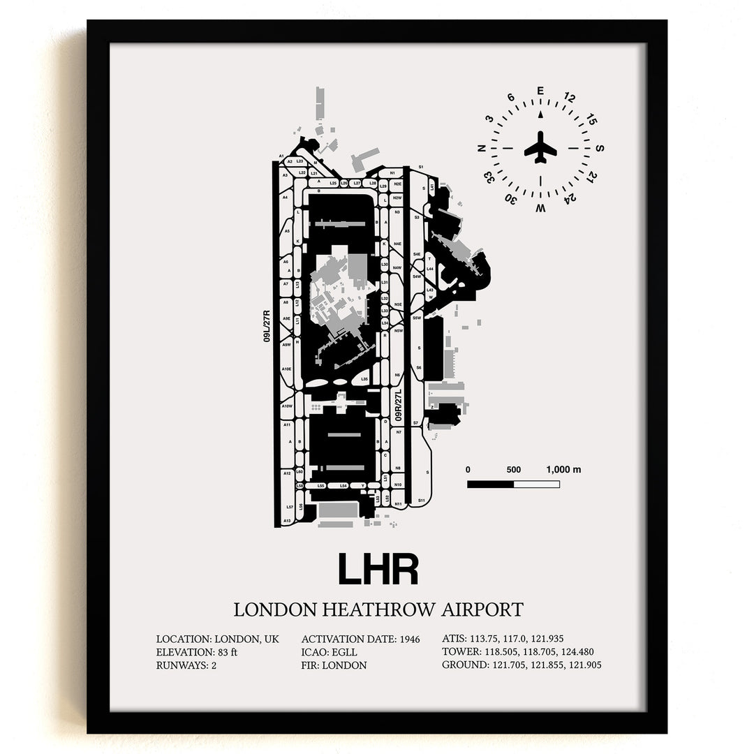 Framed Detailed Airport Map of London Heathrow Airport (LHR) in White with a Black Frame