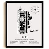 Framed Detailed Airport Map of London Heathrow Airport (LHR) in White with a Black Frame