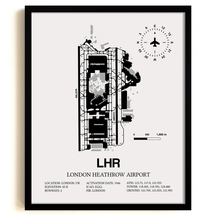 Framed Detailed Airport Map of London Heathrow Airport (LHR) in White with a Black Frame